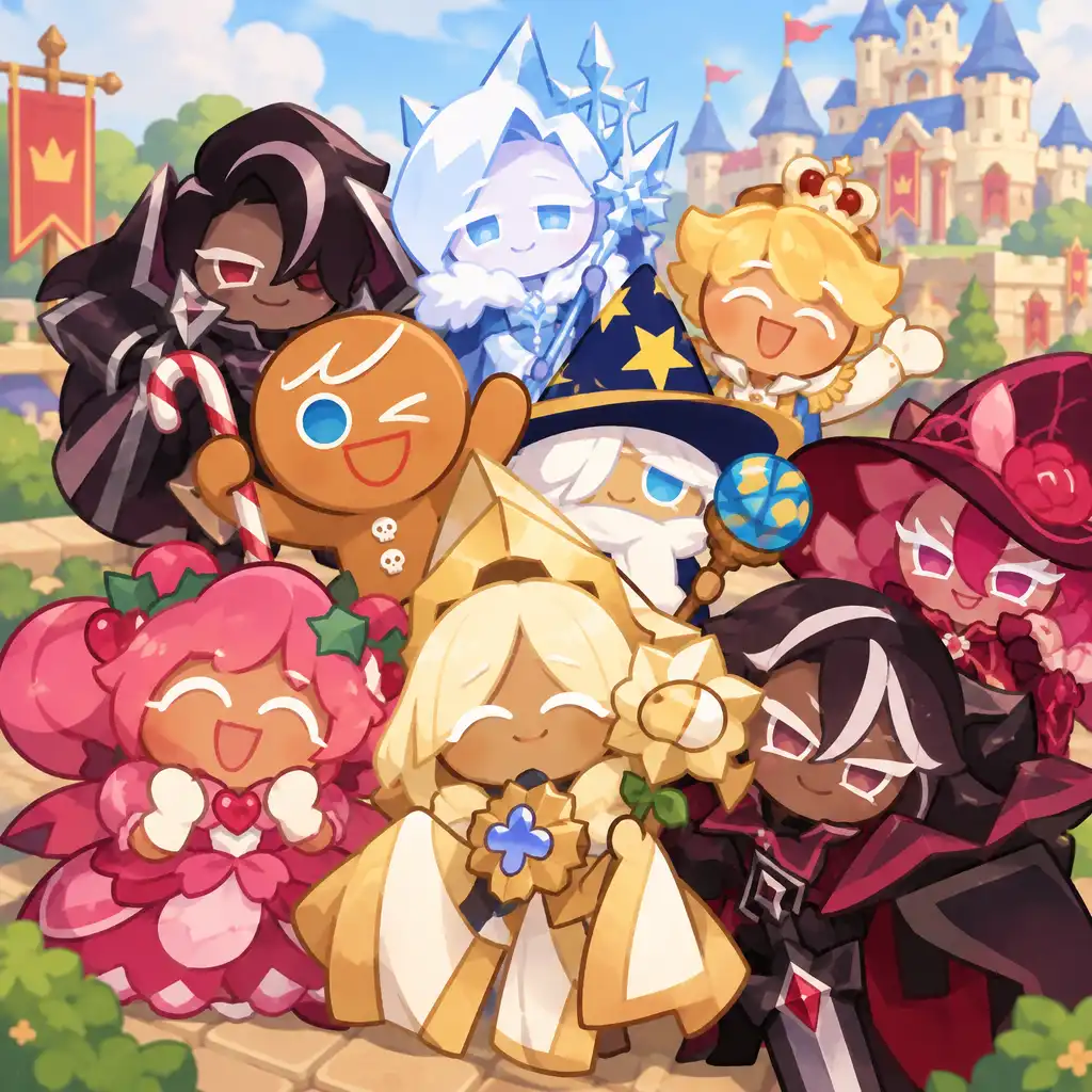 Grupa bohaterów-cisateczek z CookieRun: Kingdom stojących razem w przyjaznej pozie