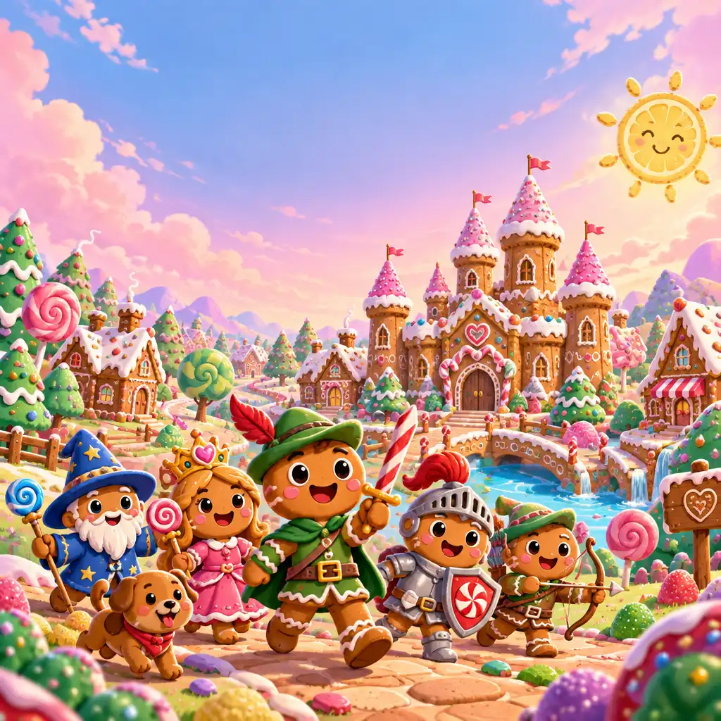 Kolorowa ilustracja królestwa ciasteczek z zamkiem z piernika i grupą bohaterów