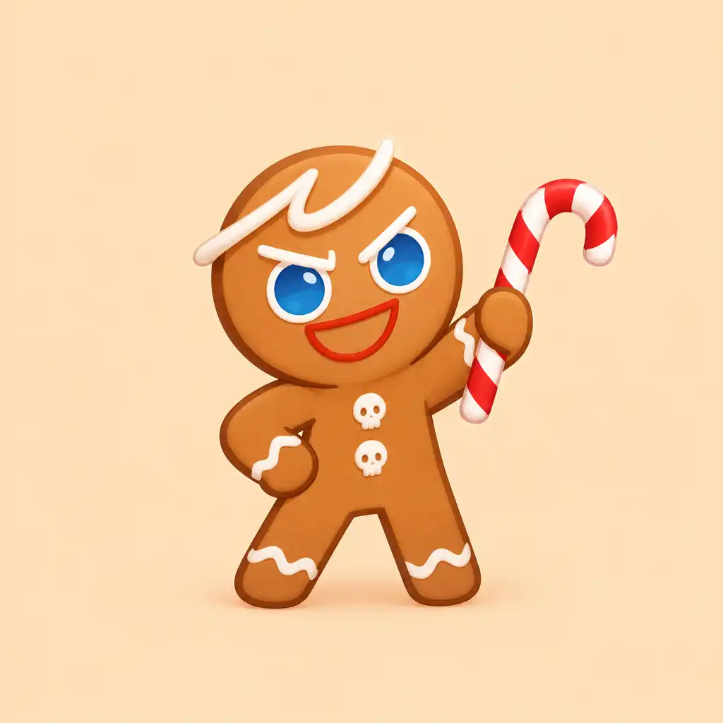 Portret GingerBrave, odważnego ciasteczka imbirowego z laską cukrową
