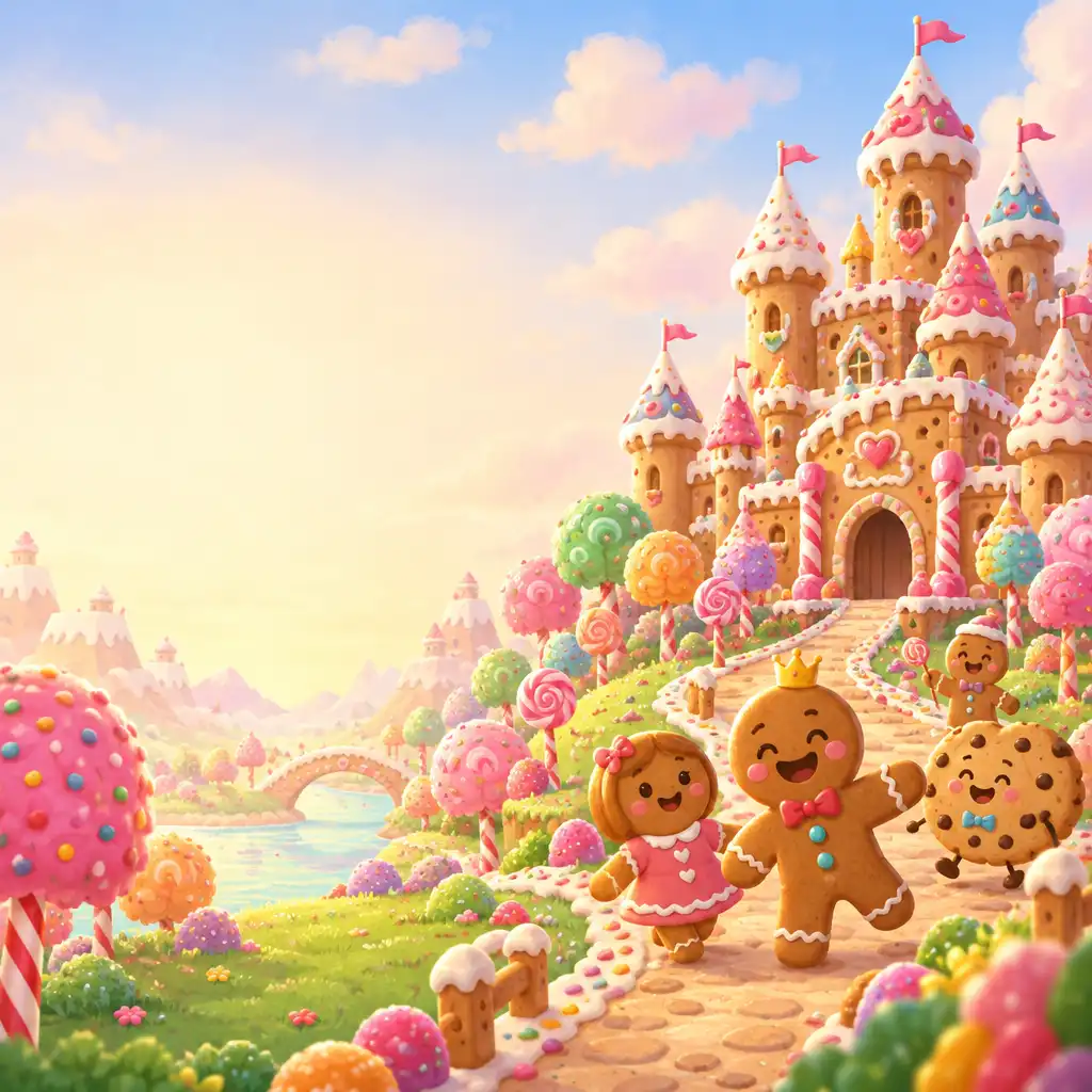 Kolorowe królestwo ciasteczek z zamkami z lukru i postaciami z CookieRun: Kingdom