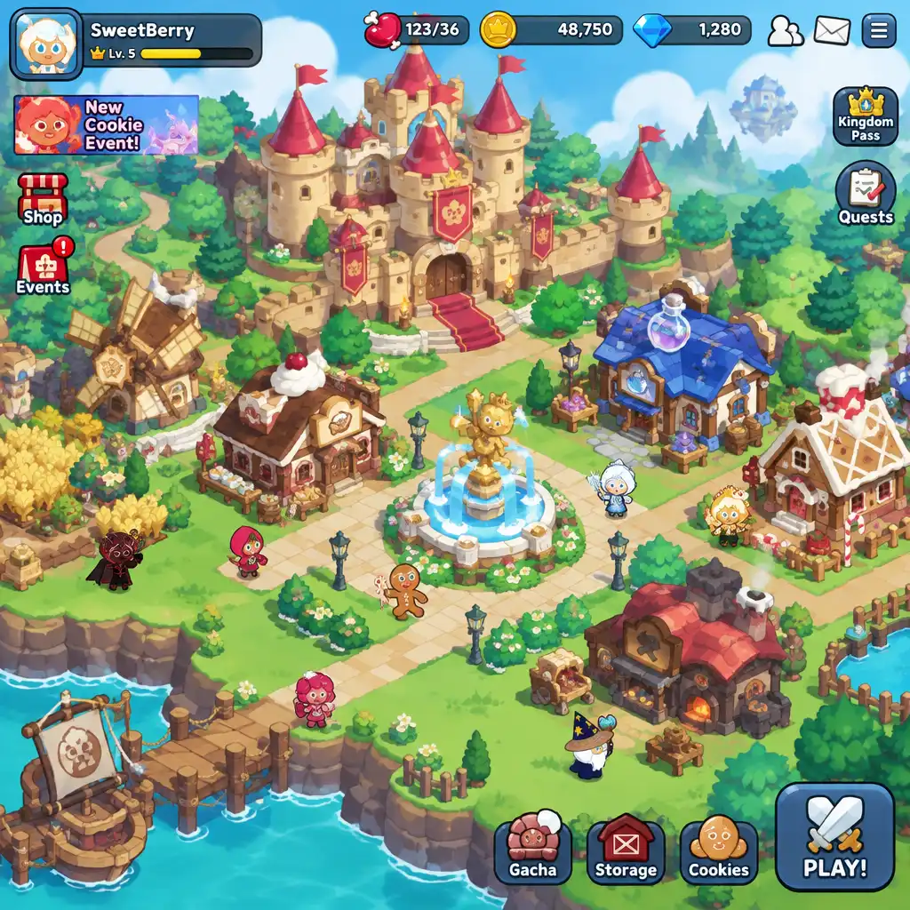 Początkowe królestwo w CookieRun: Kingdom z kilkoma budynkami i postaciami