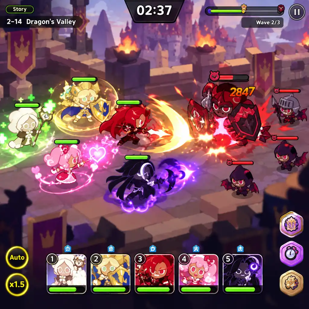 Formacja drużyny ciasteczek walcząca z przeciwnikami w CookieRun: Kingdom