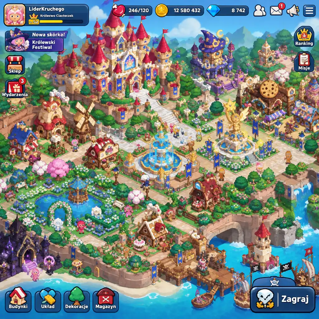 Rozwinięte królestwo z wieloma budynkami i dekoracjami w CookieRun: Kingdom