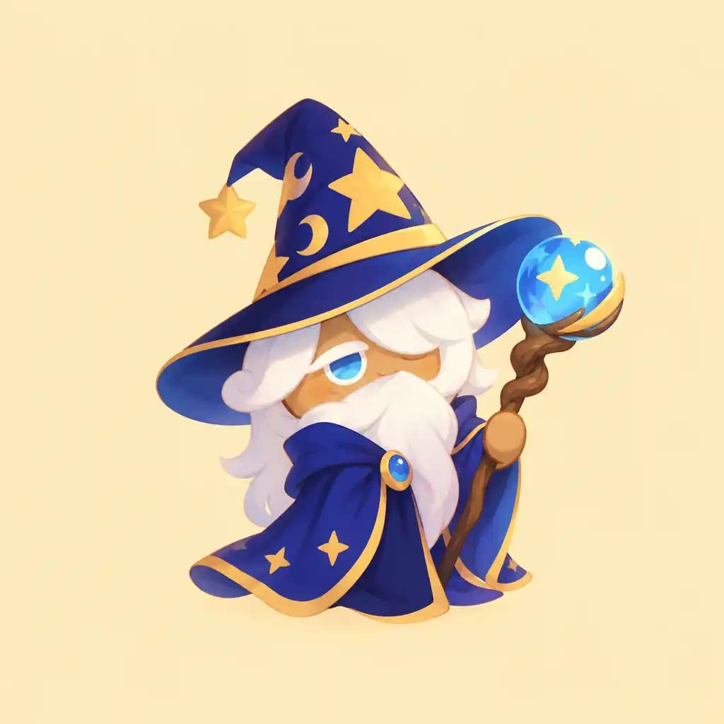 Portret Wizard Cookie, mądrego ciasteczka czarodzieja w niebieskim płaszczu i kapeluszu